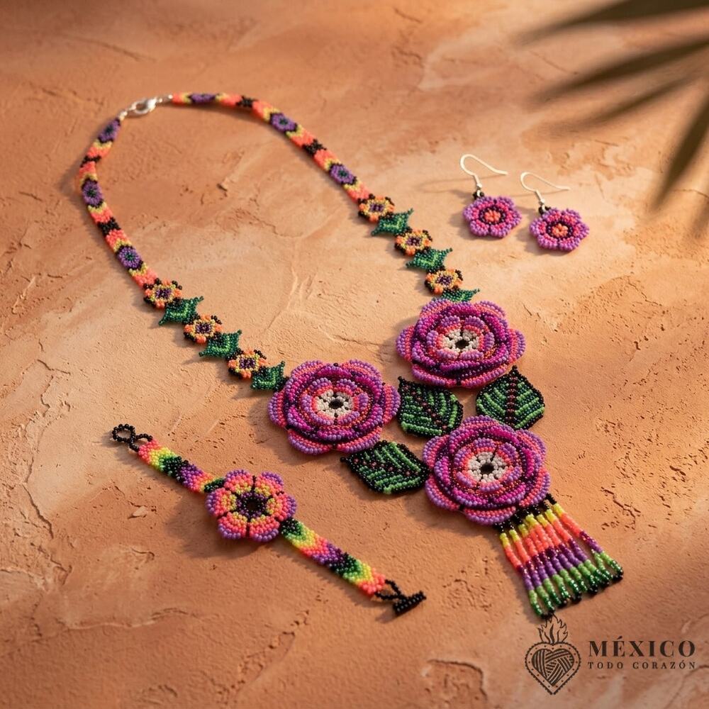 Huichol Mexican art 3 piece necklace earings and bracelet orange
